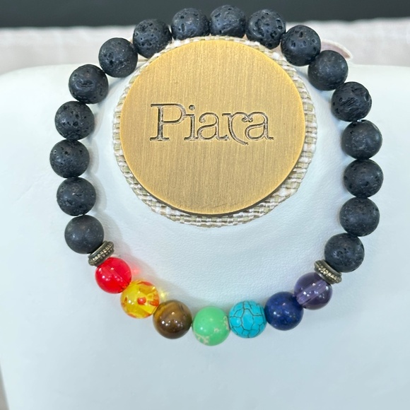 Multicolor 7 stone chakra stretchy bracelet w/black lava stones - Picture 11 of 15